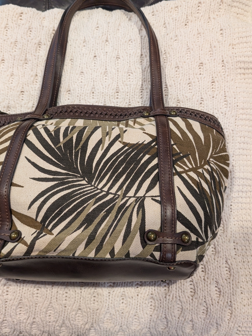 Fossil Palm-Print Canvas Shoulder Bag with Brown Leather